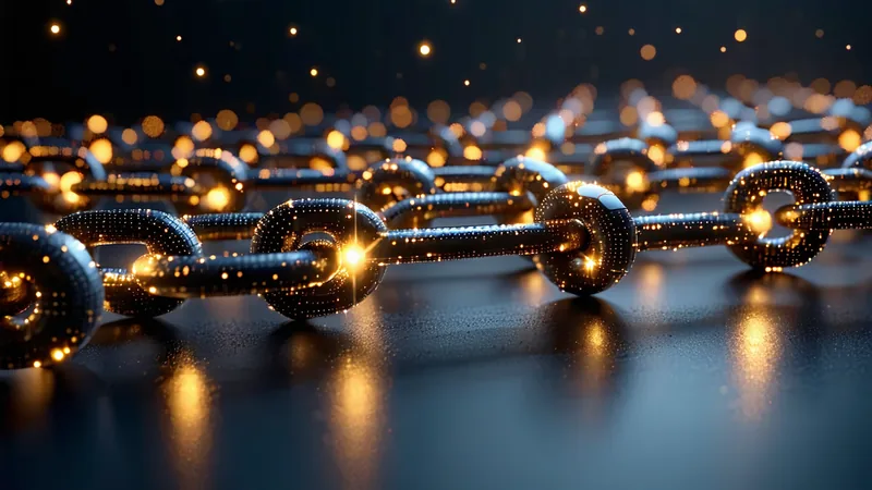 Abstract immutable log visualization — hash-chained entries glowing amber