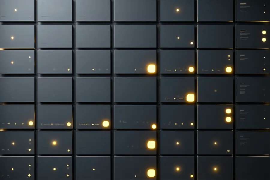 Abstract compliance review dashboard visualization with structured data panels and amber status indicators on dark background