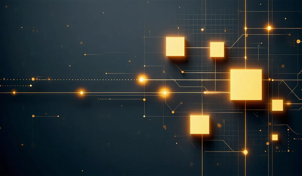 Abstract platform architecture diagram showing ML pipeline stages connected with amber data flow paths on dark background