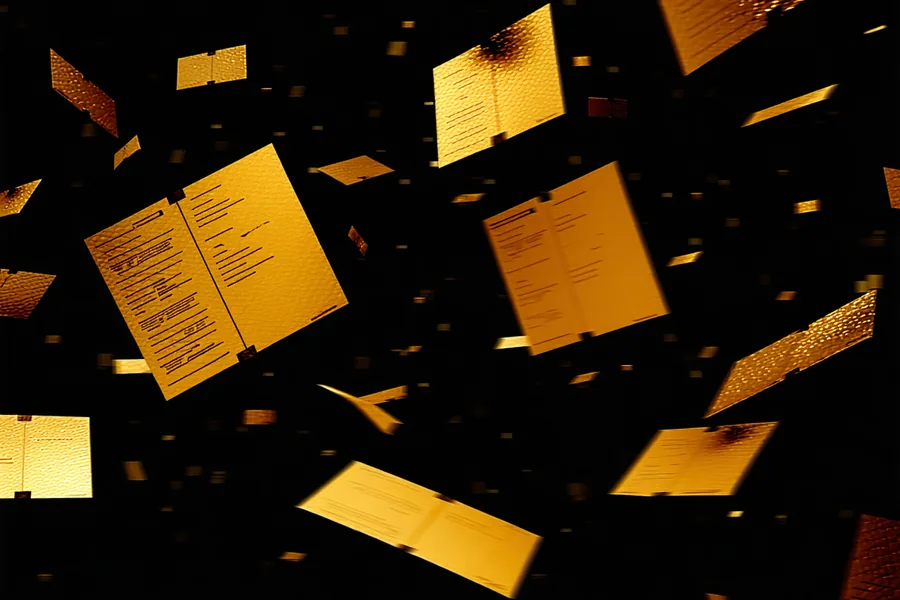 Abstract visualization of compliance audit document export — stylized document cards with amber accent highlights on dark background